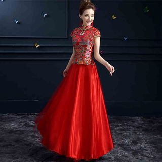 Shannair Short-Sleeve Embroidered Cheongsam Evening Dress