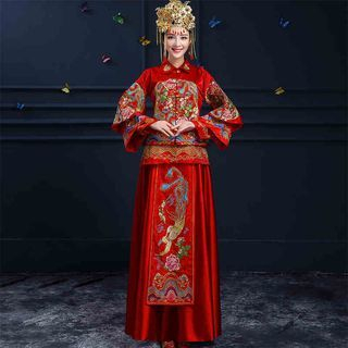 Shannair Embroidered Long-Sleeve 2 Pieces Wedding Cheongsam