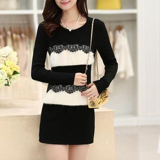 Fashion Street Long-Sleeve Striped Lace Panel Dress