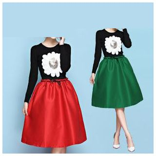 Strawberry Flower Set: Sequined Knit Top + A-Line Skirt with Belt