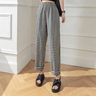 Elastic Waist Plaid Loose Fit Pants