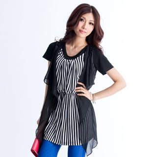 Tokyo Fashion Inset Striped Top Open-Front Cardigan