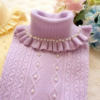 Cobblestone Frilled Turtle Neck Beaded Knit Top