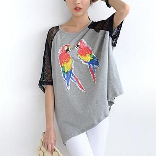 SO Central Mesh Sleeve Parrot Print Oversized Top