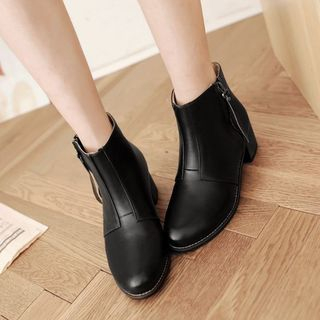 Pangmama Genuine Leather Block Heel Zip-up Ankle Boots