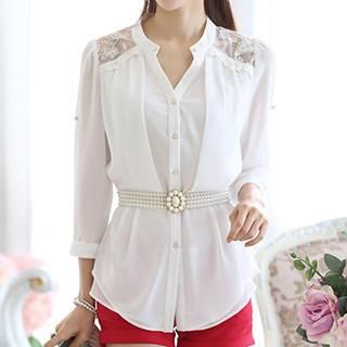 Lovebirds Elbow-Sleeve Lace Panel Blouse