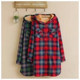 TOJI Fleece-Lined Plaid Hooded Long Blouse