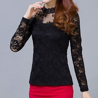 lilygirl Long-Sleeve Stand Collar Lace Panel Blouse