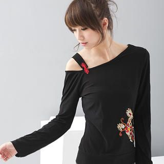 RingBear One-Shoulder Embroidere Long-Sleeve Top