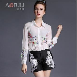 Ovette Set: Long-Sleeve Embroidered Blouse + Shorts