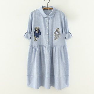 Meimei Cat Embroidered Striped Shirtdress