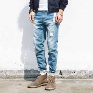 YIDESIMPLE Distressed Slim-Fit Jeans