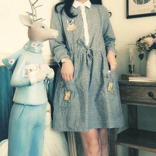 Blu Pixie Cat Embroidered Long-Sleeve Dress