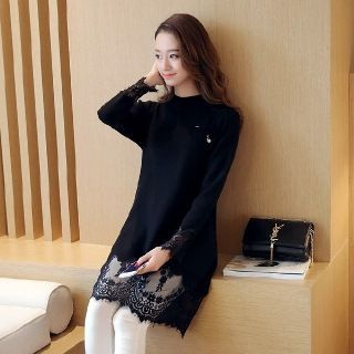 Romantica Long-Sleeve Lace-Panel Knit Dress
