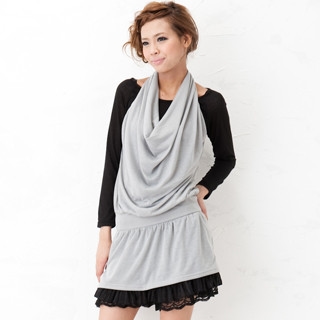 Set: Long-Sleeve T-Shirt + Drape-Front Dress T-Shirt - Black / Dress - Gray - One Size