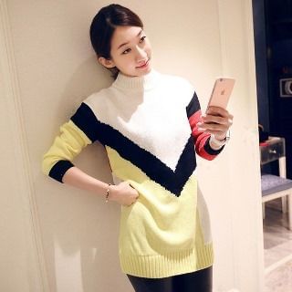 Romantica Mock-Neck Color-Block Long Sweater