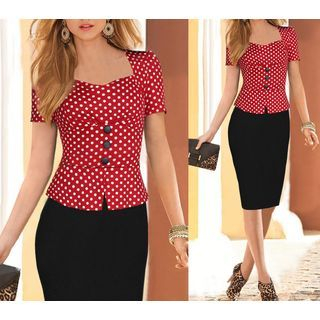 Forest Of Darama Short-Sleeve Dotted Mock-Two-Piece Sheath Dress