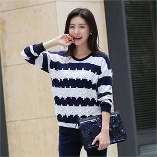 COCOAVENUE Lace-Trim Stripe Pullover