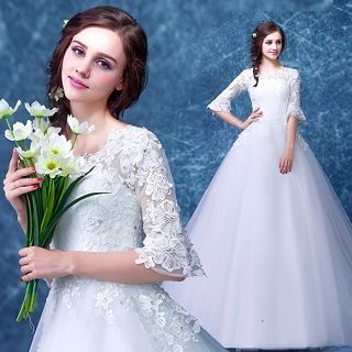 Angel Bridal Elbow-Sleeve Paneled Ball Gown Wedding Dress