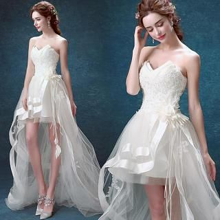 Angel Bridal Strapless Dip-Back Lace Evening Dress