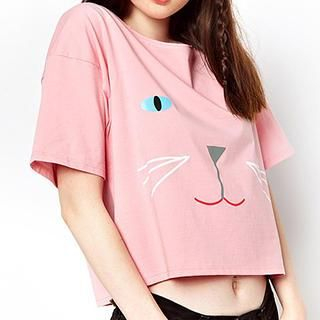 Obel 3/4-Sleeve Cat Print T-shirt