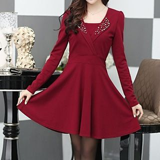 Yohana Embellished Long-Sleeve A Line Dress