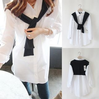 trendedge Tie-collar Long Sleeved Mock Two-piece Blouse