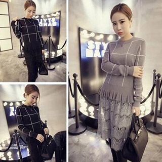 Bloombloom Inset Check Knit Top Lace Dress