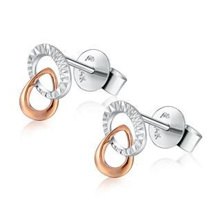 MaBelle 14K Italian Rose and White Gold Diamond-Cut Double Hoop And Drop Stud Earrings, Women Girl Jewelry in Gift Box