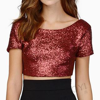 Obel Short-Sleeve Sequined Cropped Top
