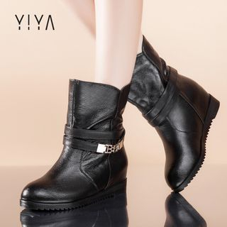 YIYA Genuine Leather Buckled Hidden Wedge Short Boots