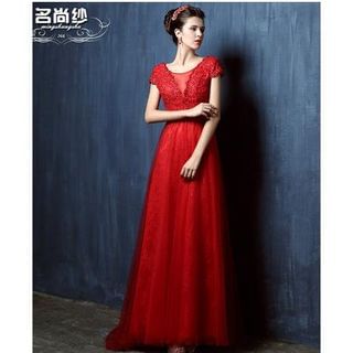 MSSBridal Cap-Sleeve Sheath Evening Gown with Train