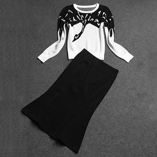 Amella Set: Printed Knit Top + Ruffled Long Skirt