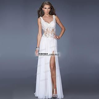 Angel Bridal Cutout-Back Paneled Slit-Side Evening Gown