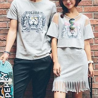 Fashion Street Couple Sleeveless Lion Print T-Shirt Dress