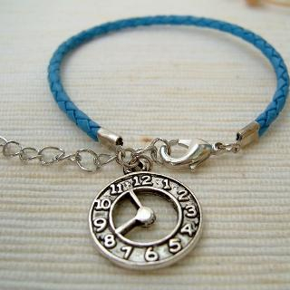 MyLittleThing Blue Clock Leather Bracelet Silver - One Size