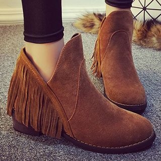 QQ Trend Fringed Block Heel Ankle Boots