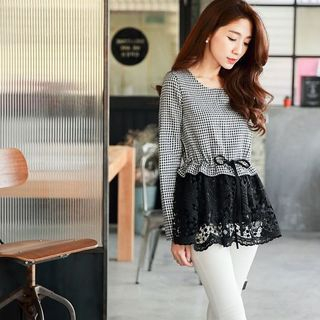 Tokyo Fashion Long-Sleeve Houndtooth Lace Panel Blouse