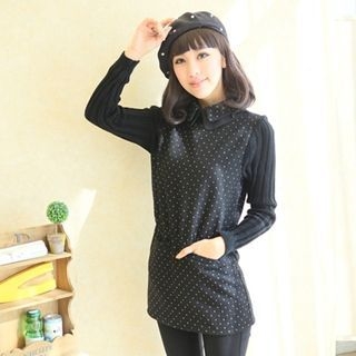 XINLAN Long-Sleeve Knit Panel Dotted Dress