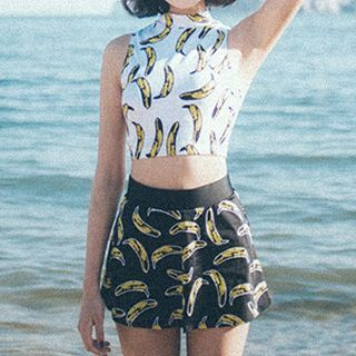 Moonrise Swimwear Set : Banana Sleeveless Rashguard + Swim Bottom + Cover-up Skirt