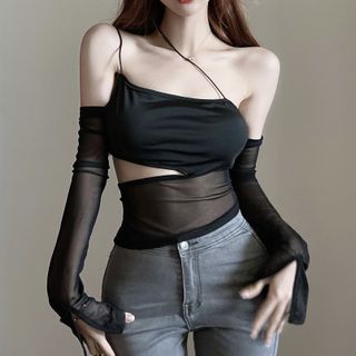 Long-Sleeve Cold-Shoulder Plain Strappy Mesh Panel Tee