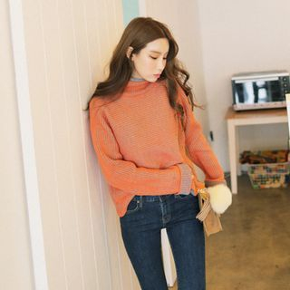 Cherryville Turtle-Neck Two-Tone Rib-Knit Sweater