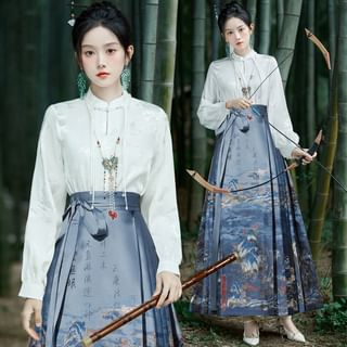 Long-Sleeve Mandarin Collar Jacquard Blouse / High Rise Embroidered Midi Ma Mian Skirt