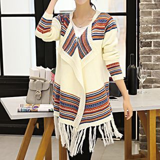 Emeline Patterned Panel Fringed Cardigan