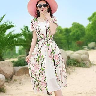 Flower Creek Short-Sleeve Floral Panel Chiffon Dress