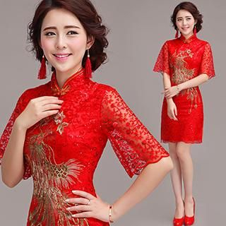 Angel Bridal Elbow-Sleeve Embroidered Lace Cheongsam