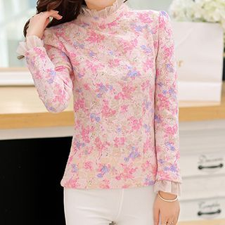 Swish Floral Print Lace Trim Long-Sleeve Top