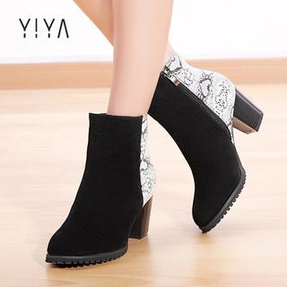 YIYA Snake Print Panel Heeled Short Boots