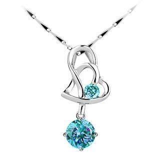 BELEC White Gold Plated 925 Sterling Silver Heart-shaped Pendant with Blue Cubic Zirconia and 40cm Necklace