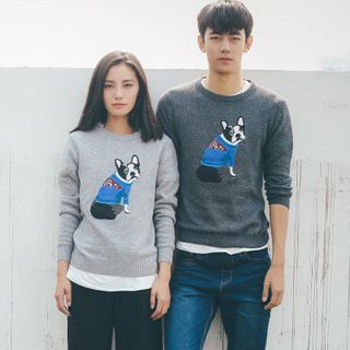 Chuoku Couple Matching Dog Embroidered Sweater